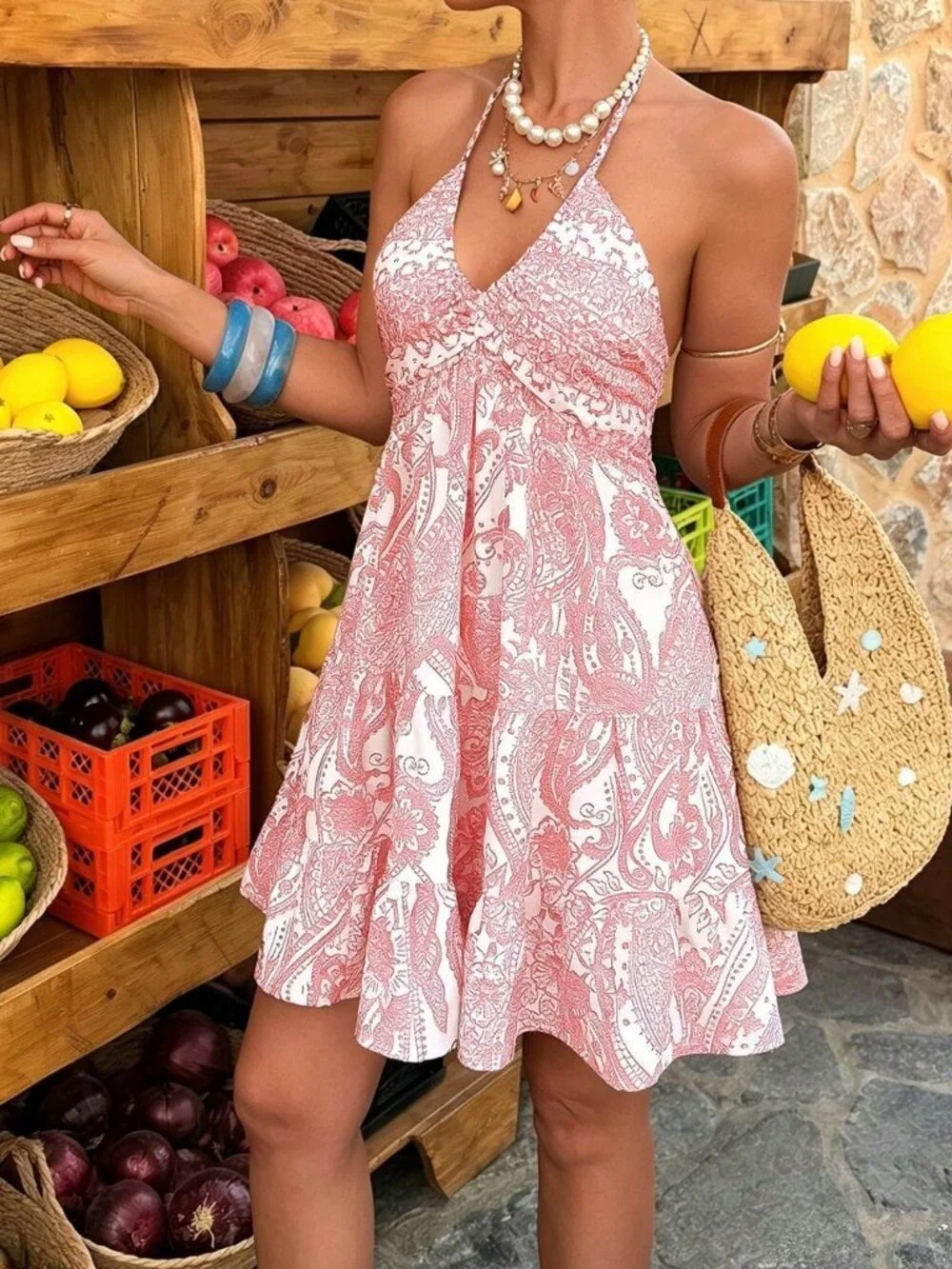 Multicolor Boho Women's Casual Sleeveless V-Neck A-Line Short Dress - Picture 3 of 5
